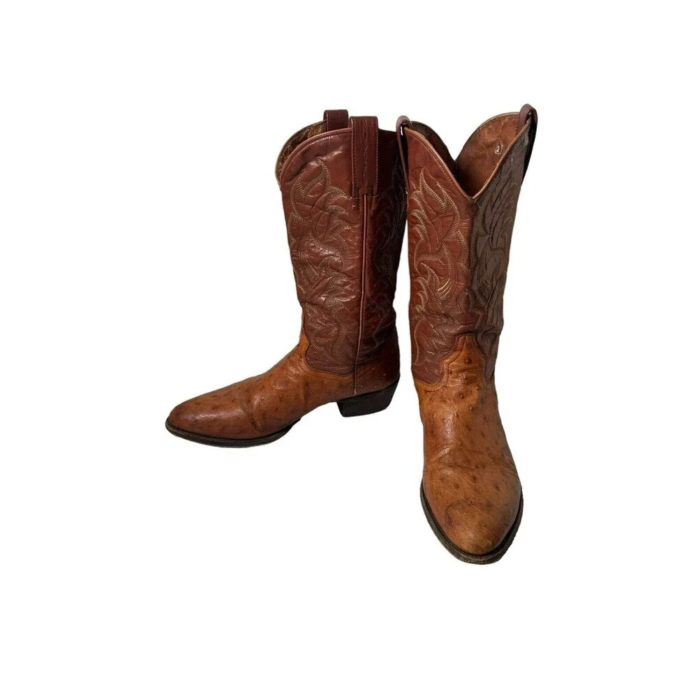 Dan Post Two Tone Brown Ostrich Leather Cowboy Boots Men 9.5 D